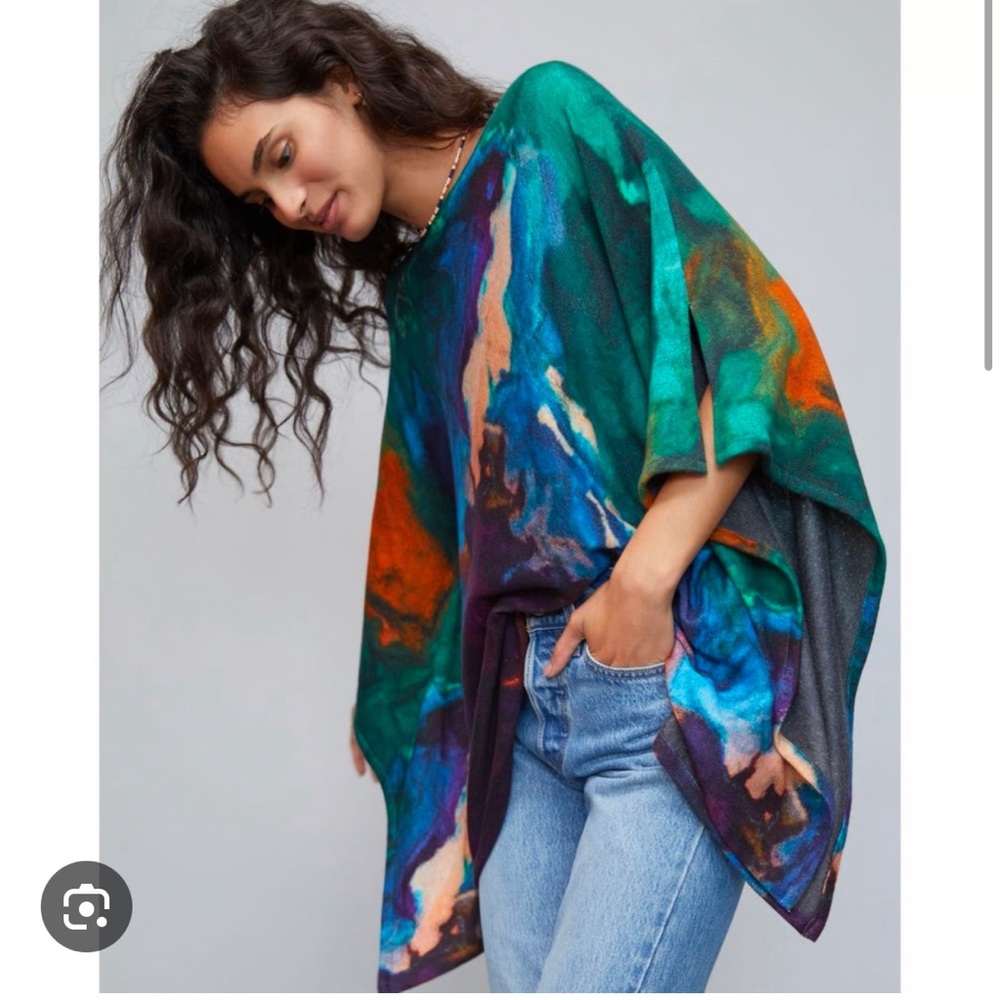Anthropologie Conditions Apply Watercolor Print Artsy Poncho Sweater XS/S NWOT